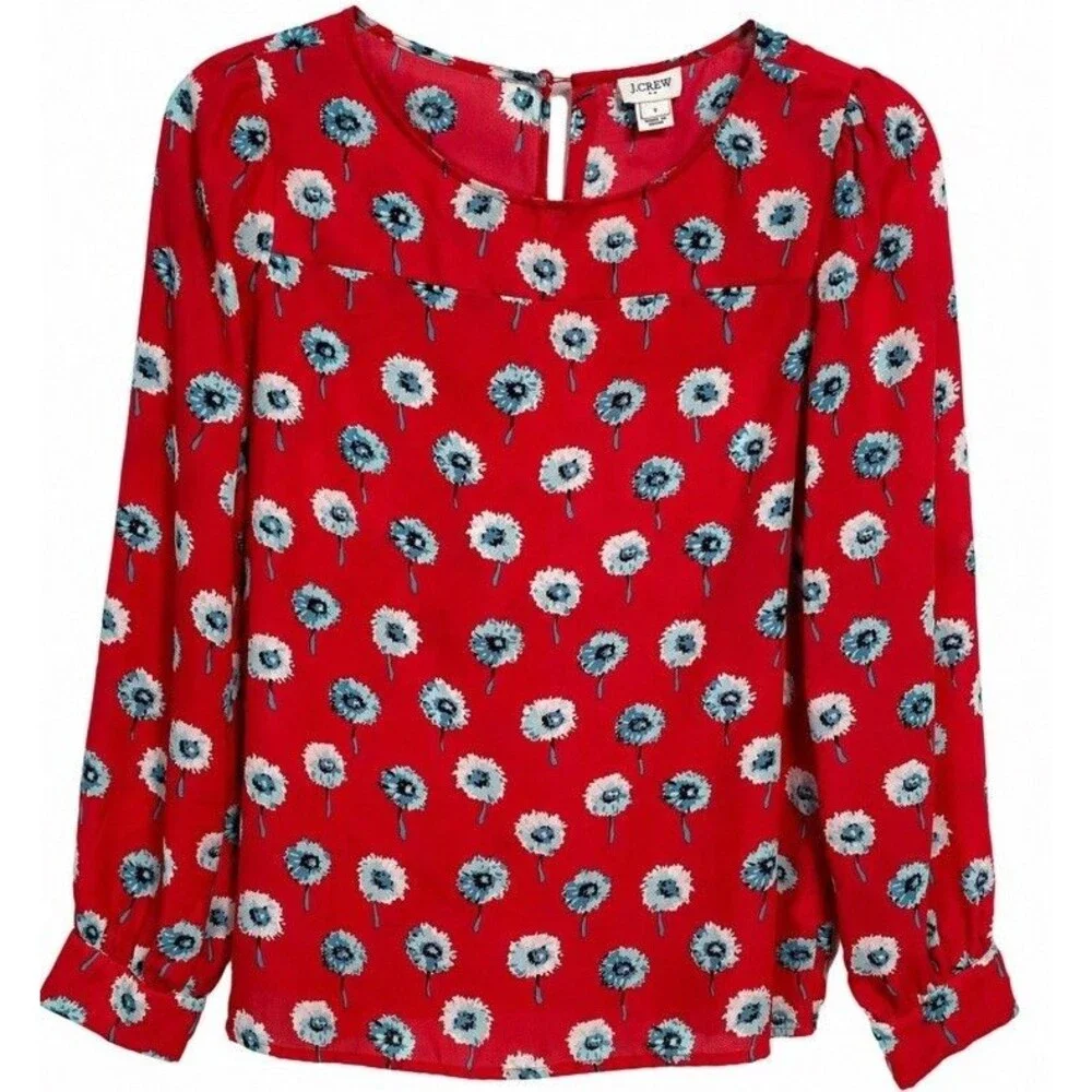 J.Crew Women’s Small Red Floral Blouse Blue Dandelion Print Puff Sleeve Top